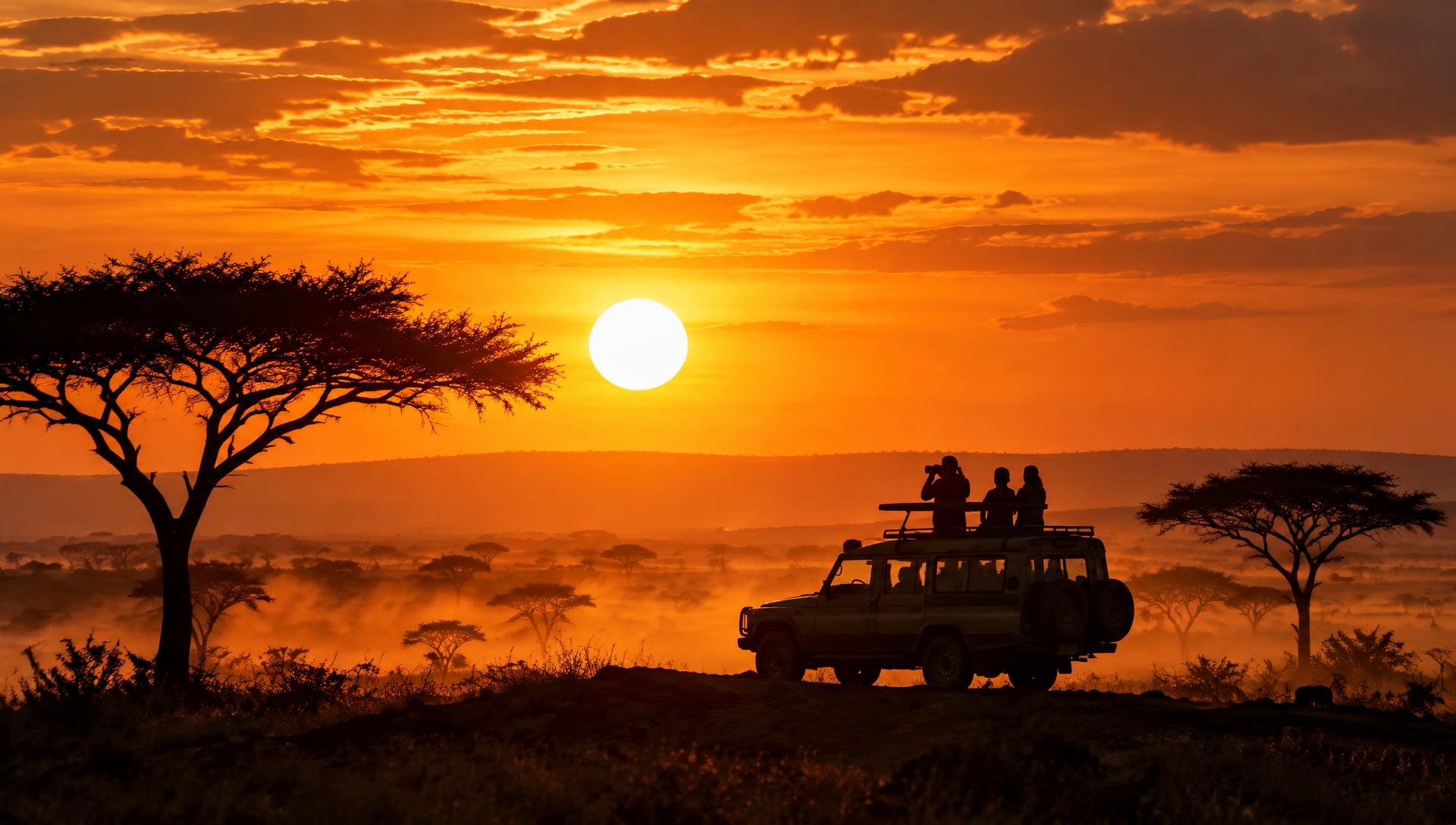 Women silhouetted against a golden sunset while sitting on the roof of a safari vehicle on the savanna